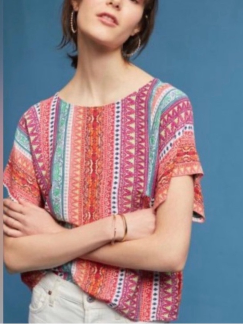 Anthropologie Maeve Multicolor Boho Print Short Sleeve Top